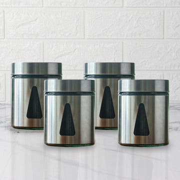 Femora Steel Jar for Kitchen Storage with Triangle Glass Window and Stainless Steel Cover, 700 ml, Set Of 4, Free Replacement of Lids