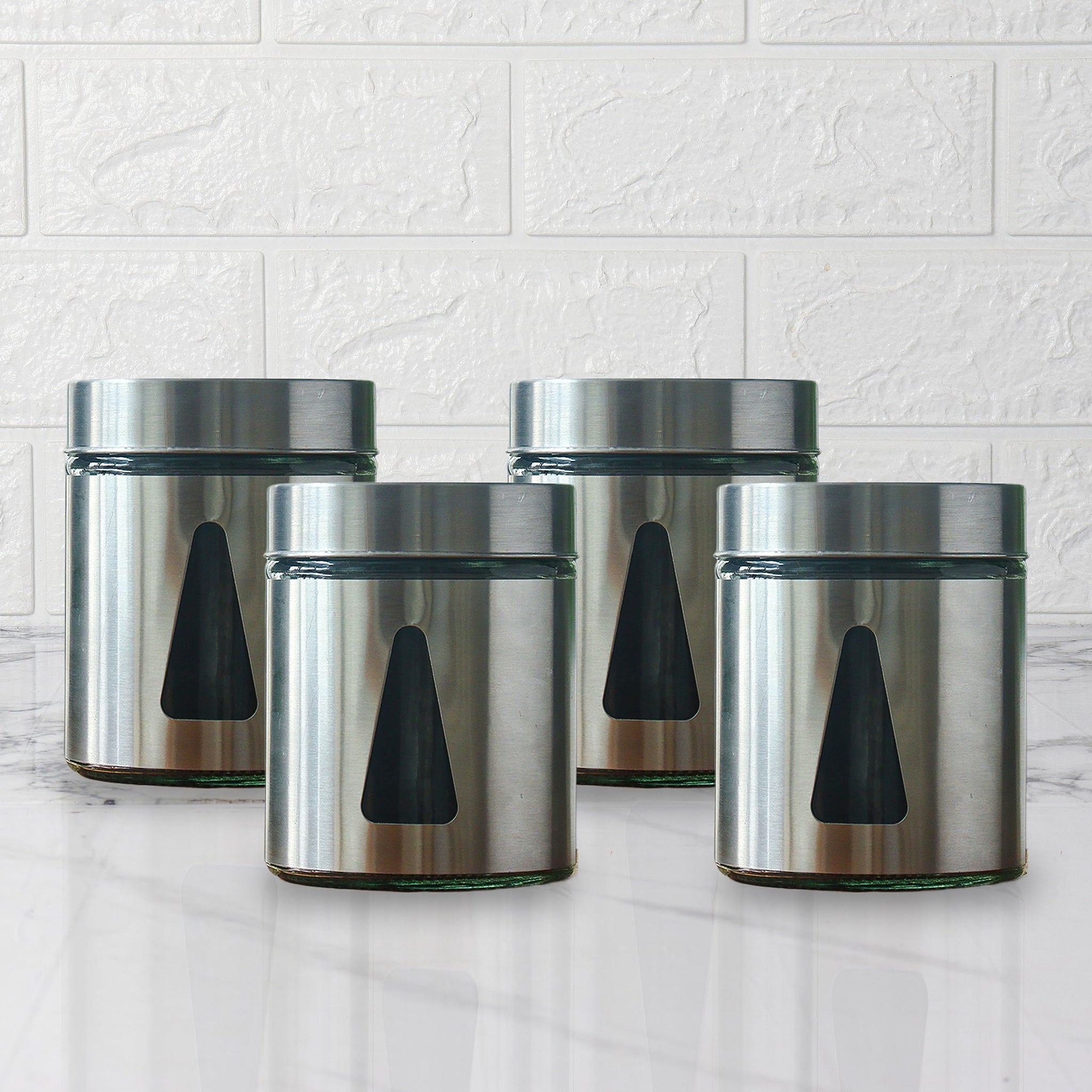 Femora Steel Jar for Kitchen Storage with Triangle Glass Window and Stainless Steel Cover, 1000 ml, Set Of 4, Free Replacement of Lids