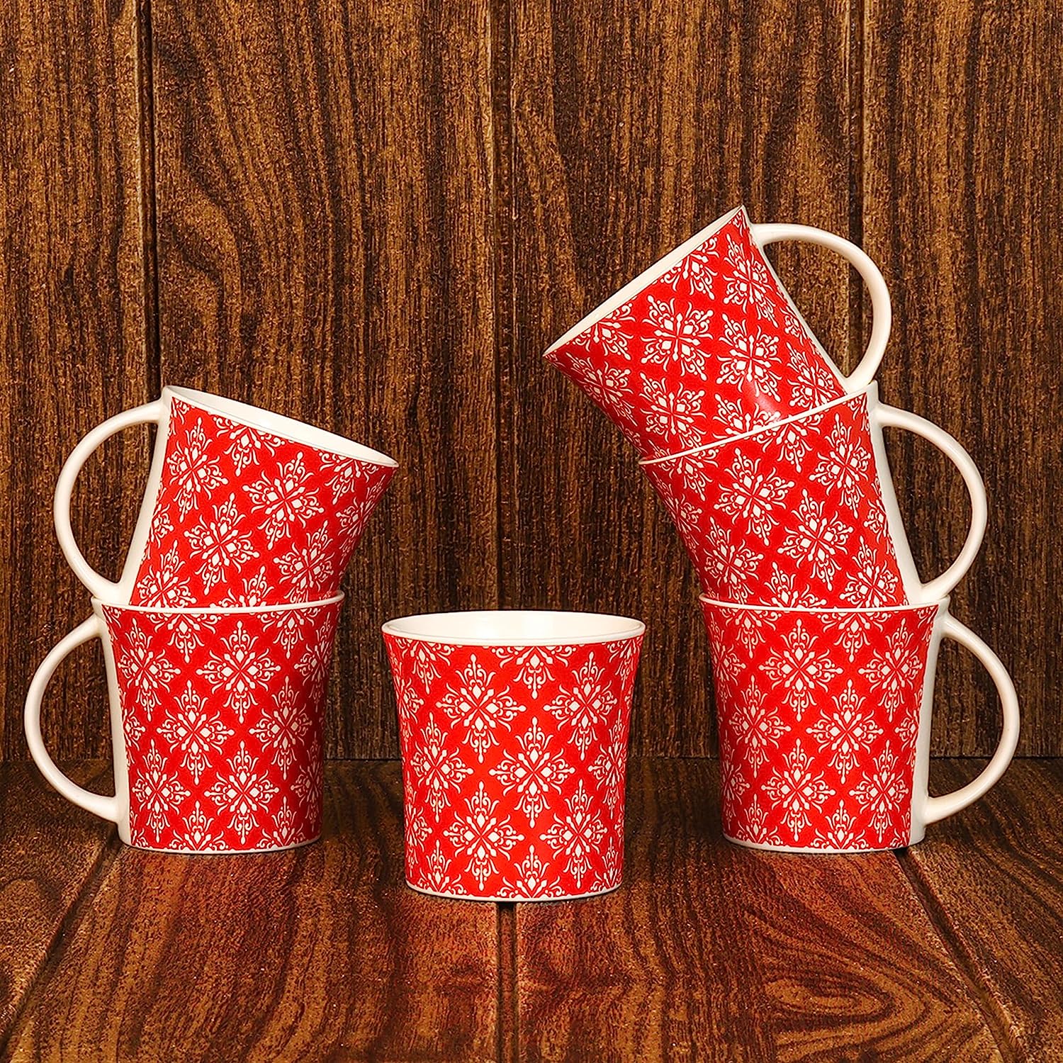 Femora Arabesque Flower Pattern Tea Cups, Ceramic Tea Cups, Coffee Mugs (160 ml) - 6 Pcs Set (Red)