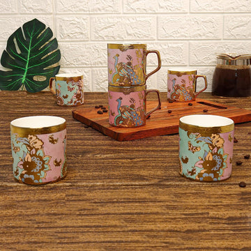 Ceramic Butterfly & Peacock Tea Mugs, Ceramic Tea Cups, Coffee Mugs (180 ml, Golden) - 6 Pcs Set