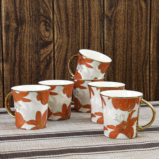 Premium Ceramic Floral Dazzle Red Tea Cup Set of 6, 180 ML, Femora