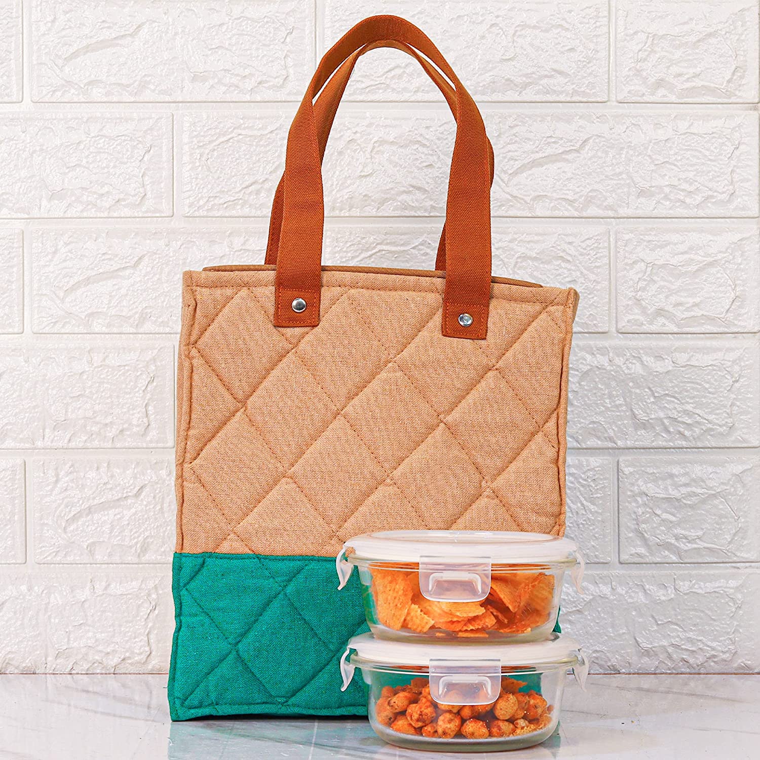 Borosilicate Glass Lunch Box Green Canvas Bag Femora, 380 ML,  2 Pcs
