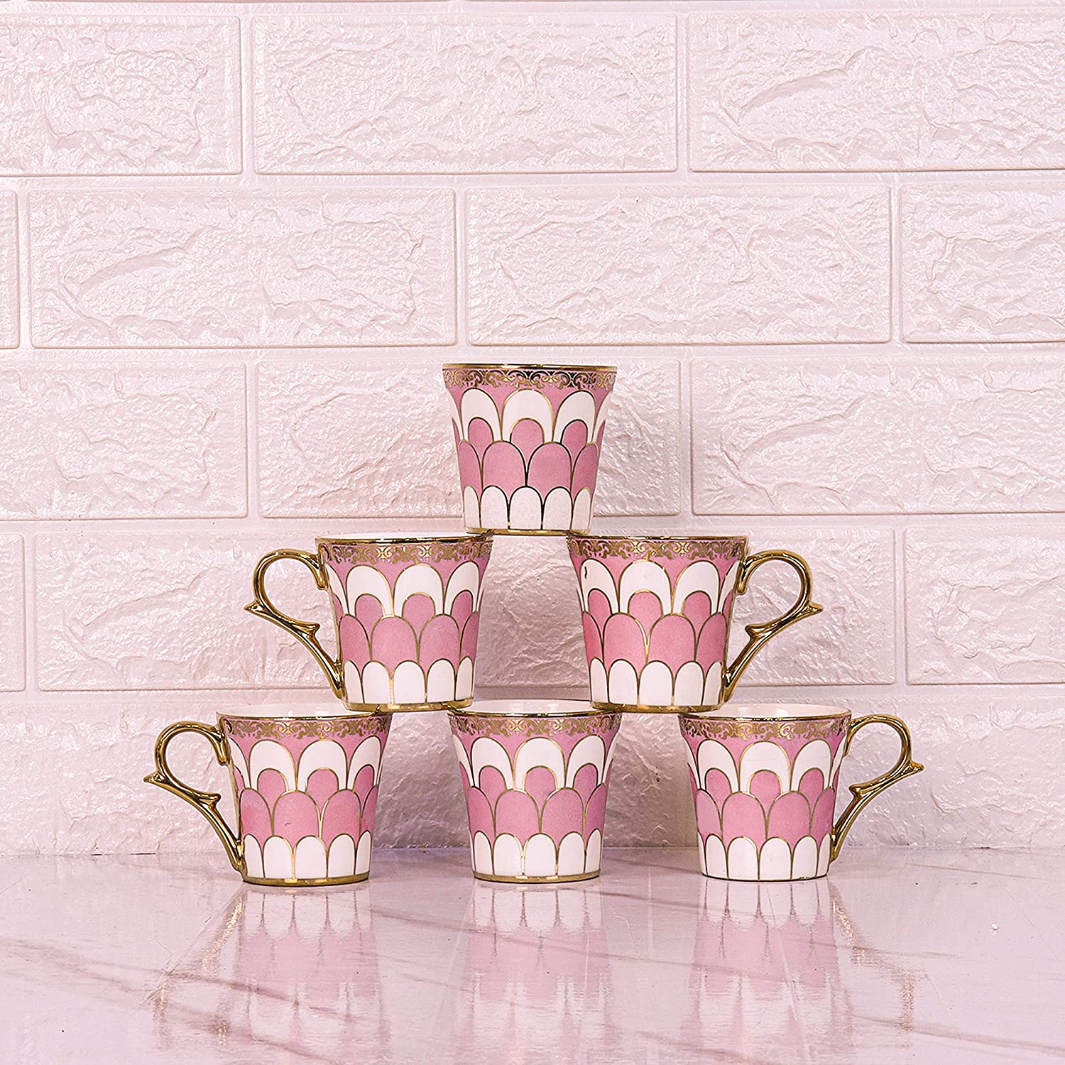 Femora Water Drop Scale Pattern Golden Tea Mugs, Ceramic Tea Cups, Coffee Mugs (160 ml, Pink) - 6 Pcs Set