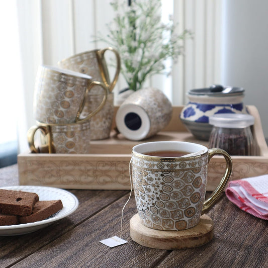 Premium Ceramic Floral Medallion Golden Coffee & Tea Cup Set of 6, 180 ML, Femora