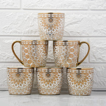 Indian Floral Medallion Golden Tea Mugs, Ceramic Tea Cups, Coffee Mugs (160 ml, Golden) - 6 Pcs Set (NOT Microwave Safe)