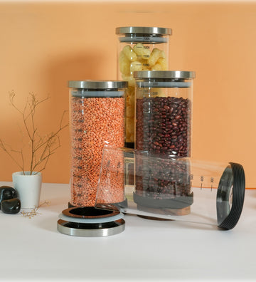 Borosilicate Glass Storage Steel Lid Jar with Silicone, 1300 ML - Set of 4