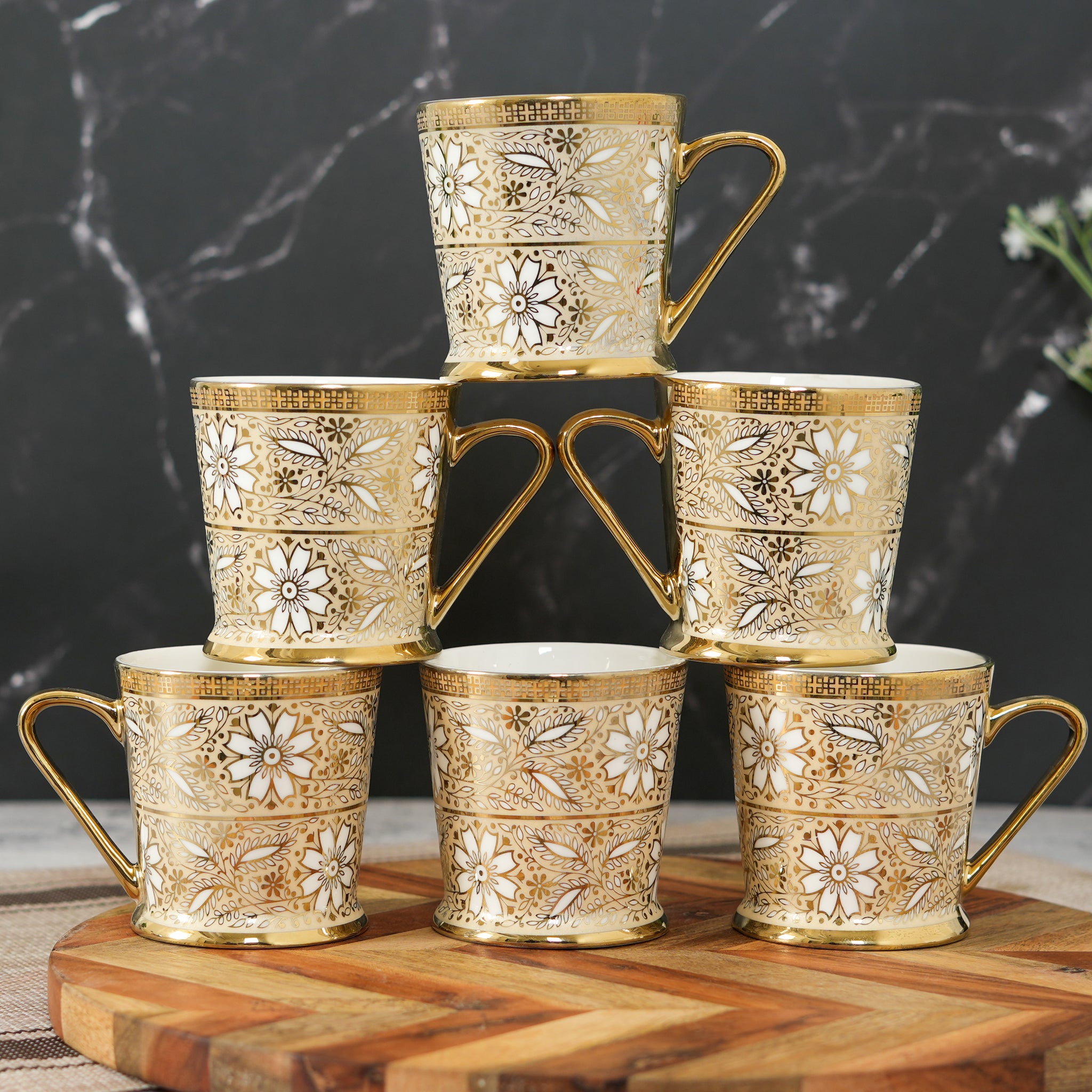 Premium Ceramic Golden Mirror Flowers Coffee & Tea Cup Set of 6, 180 ML, Femora