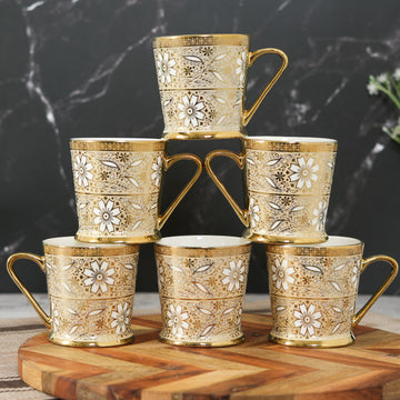 Premium Ceramic Golden Mirror Flowers Coffee & Tea Cup Set of 6, 180 ML, Femora