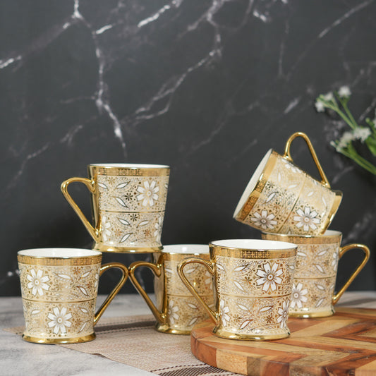 Premium Ceramic Golden Mirror Flowers Coffee & Tea Cup Set of 6, 180 ML, Femora