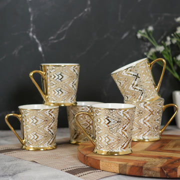 Premium Ceramic Fresco Triangle Gold Coffee & Tea Cup Set of 6, 180 ML, Femora