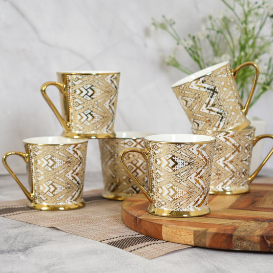 Premium Ceramic Fresco Triangle Gold Coffee & Tea Cup Set of 6, 180 ML, Femora