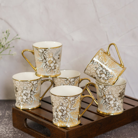 Femora Free Spirit Floral Gold Ceramic Tea and Coffee Mugs, (180 ml, Golden) - 6 Pcs Set (NOT Microwave Safe)