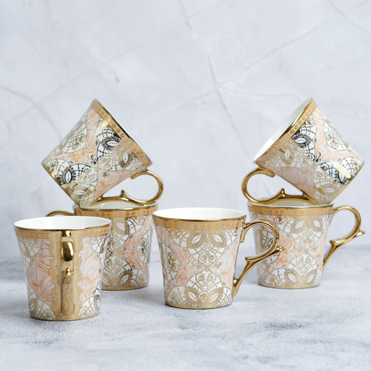 Premium Ceramic Ethnic Desert Sand Gold Coffee & Tea Cup Set of 6, 180 ML, Femora