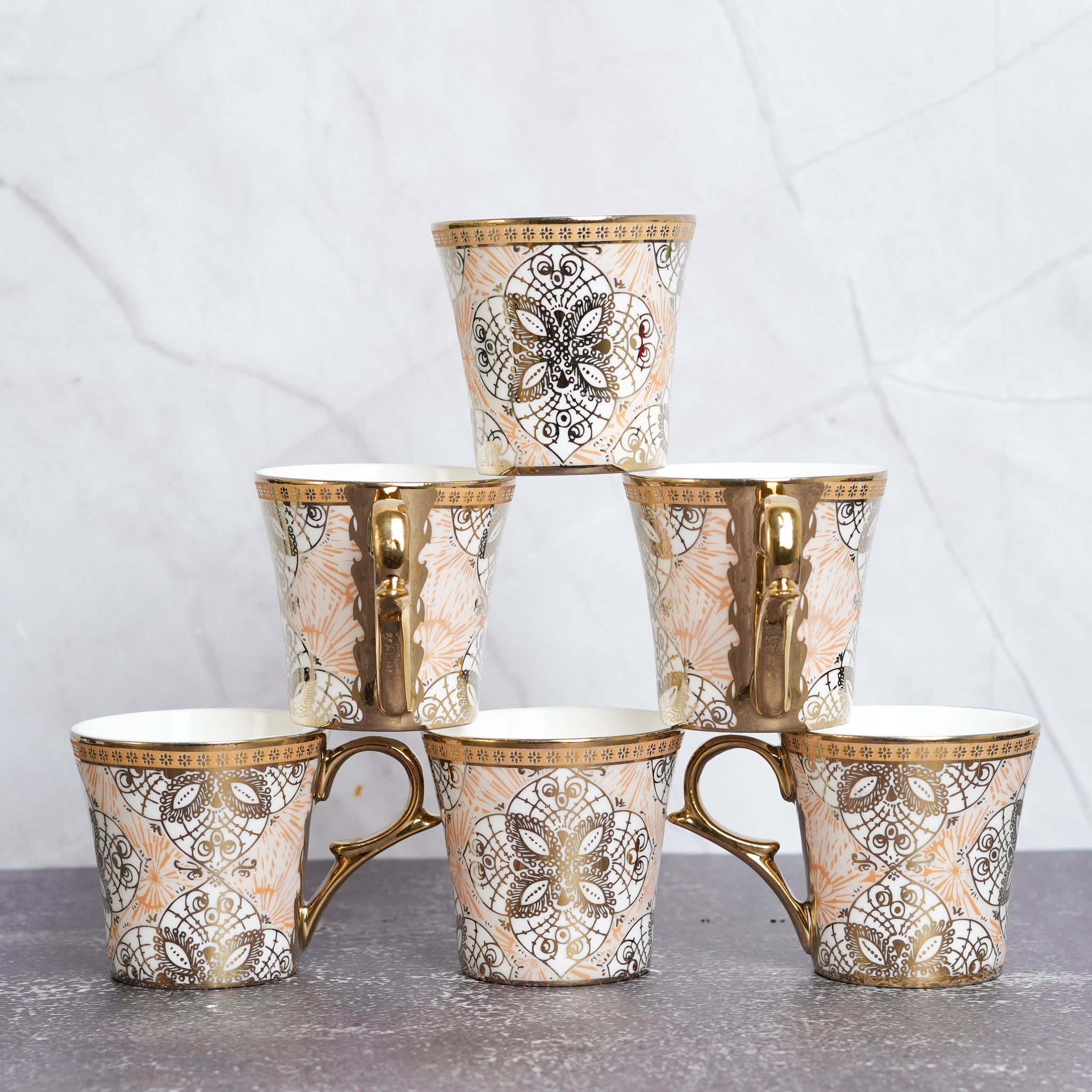 Femora Ethnic Desert Sand Gold Ceramic Tea and Coffee Mugs, (180 ml, Golden) - 6 Pcs Set (NOT Microwave Safe)