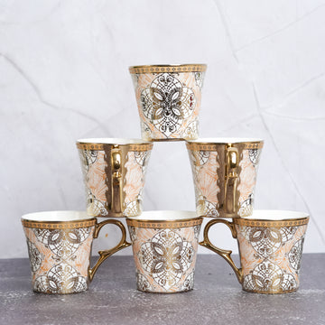 Premium Ceramic Ethnic Desert Sand Gold Coffee & Tea Cup Set of 6, 180 ML, Femora