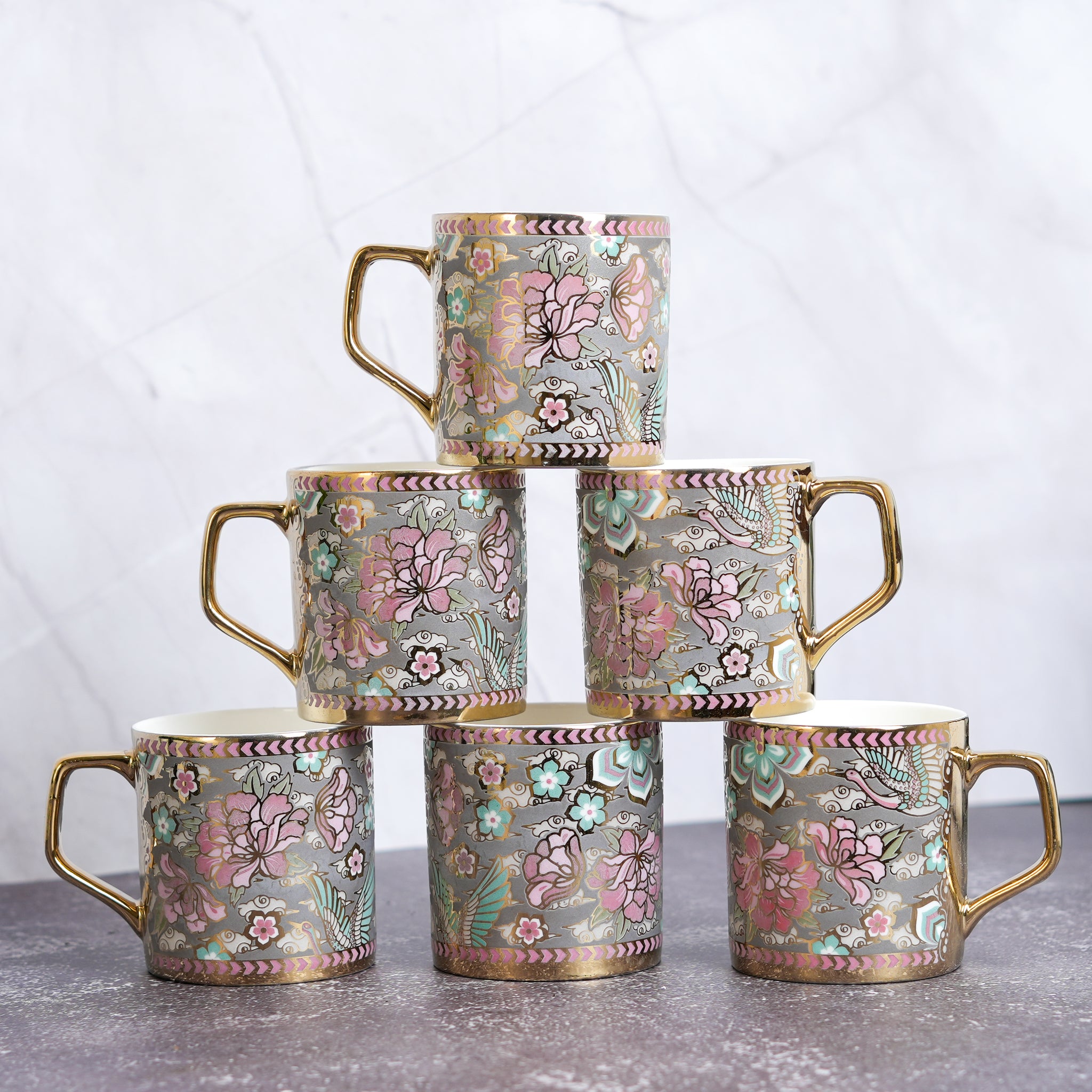 Femora Pink Blue Floral Blossom Grey Moss Ceramic Tea and Coffee Mugs, (180 ml, Golden) - 6 Pcs Set (NOT Microwave Safe)
