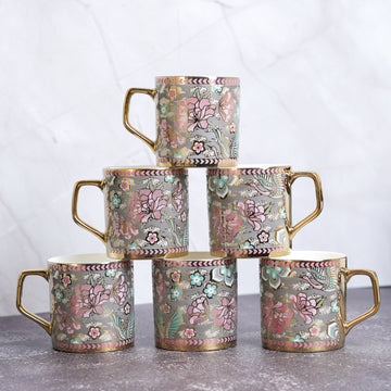 Premium Ceramic Pink Blue Floral Blossom Grey Moss Coffee & Tea Cup Set of 6, 180 ML, Femora