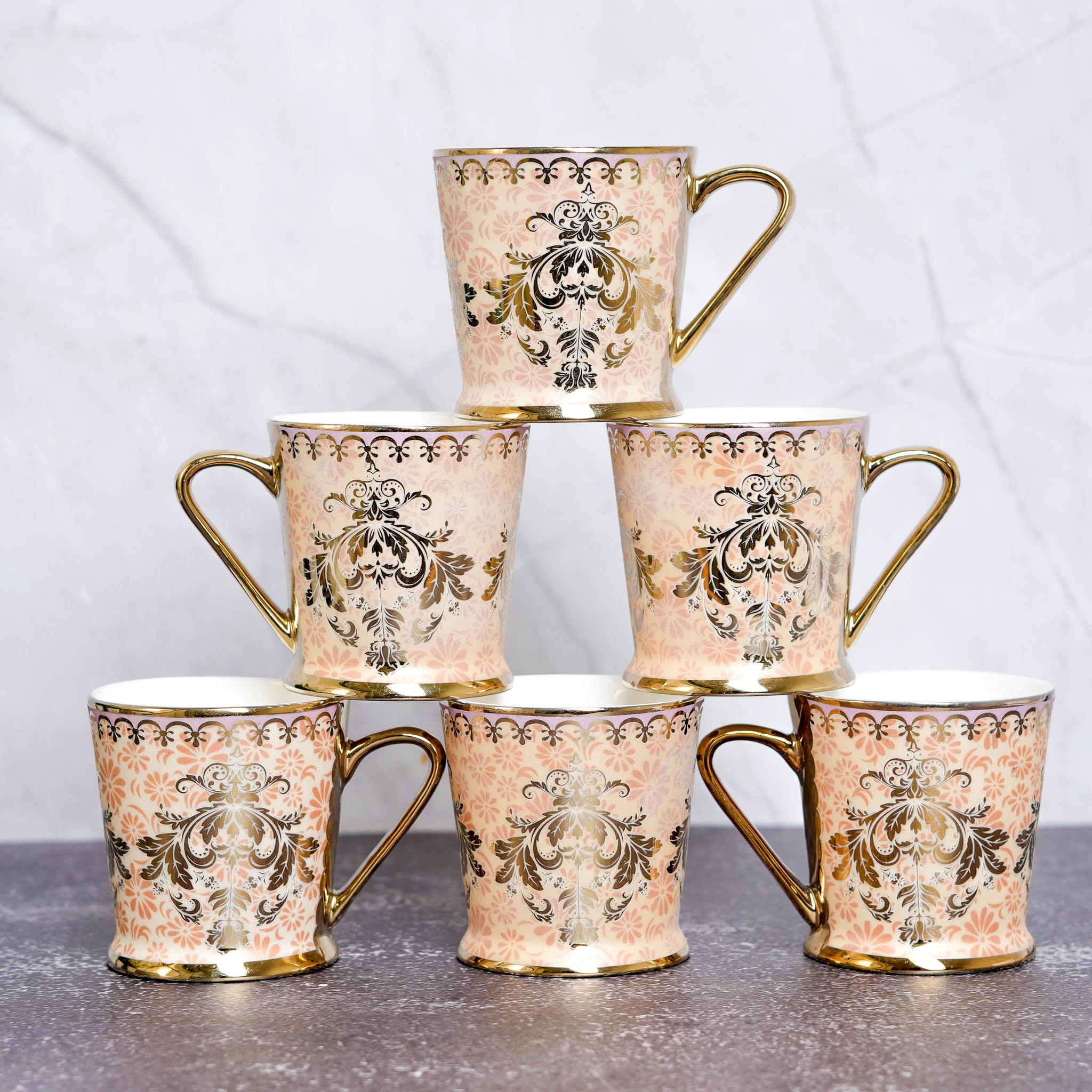 Premium Ceramic Royal Pink Damsk Gold Line Coffee & Tea Cup Set of 6, 180 ML, Femora