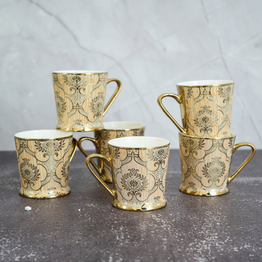 Premium Ceramic Royal Ornamental Gold Coffee & Tea Cup Set of 6, 180 ML, Femora
