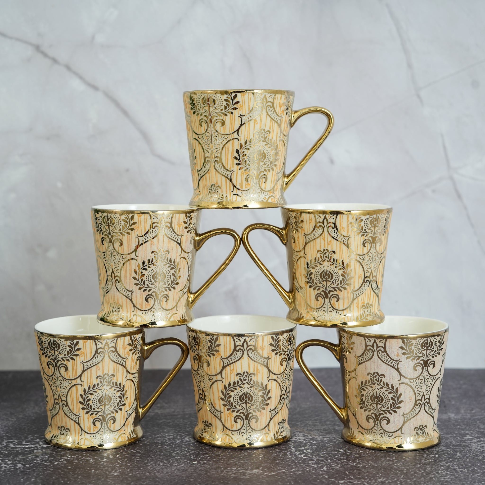 Femora Royal Ornamental Gold Ceramic Tea and Coffee Mugs, (180 ml, Golden) - 6 Pcs Set (NOT Microwave Safe)