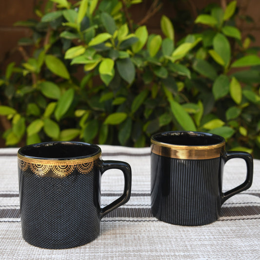 Fine Bone China Black Glitter Design Tea Cups (180 ml) - 6 Pcs Set