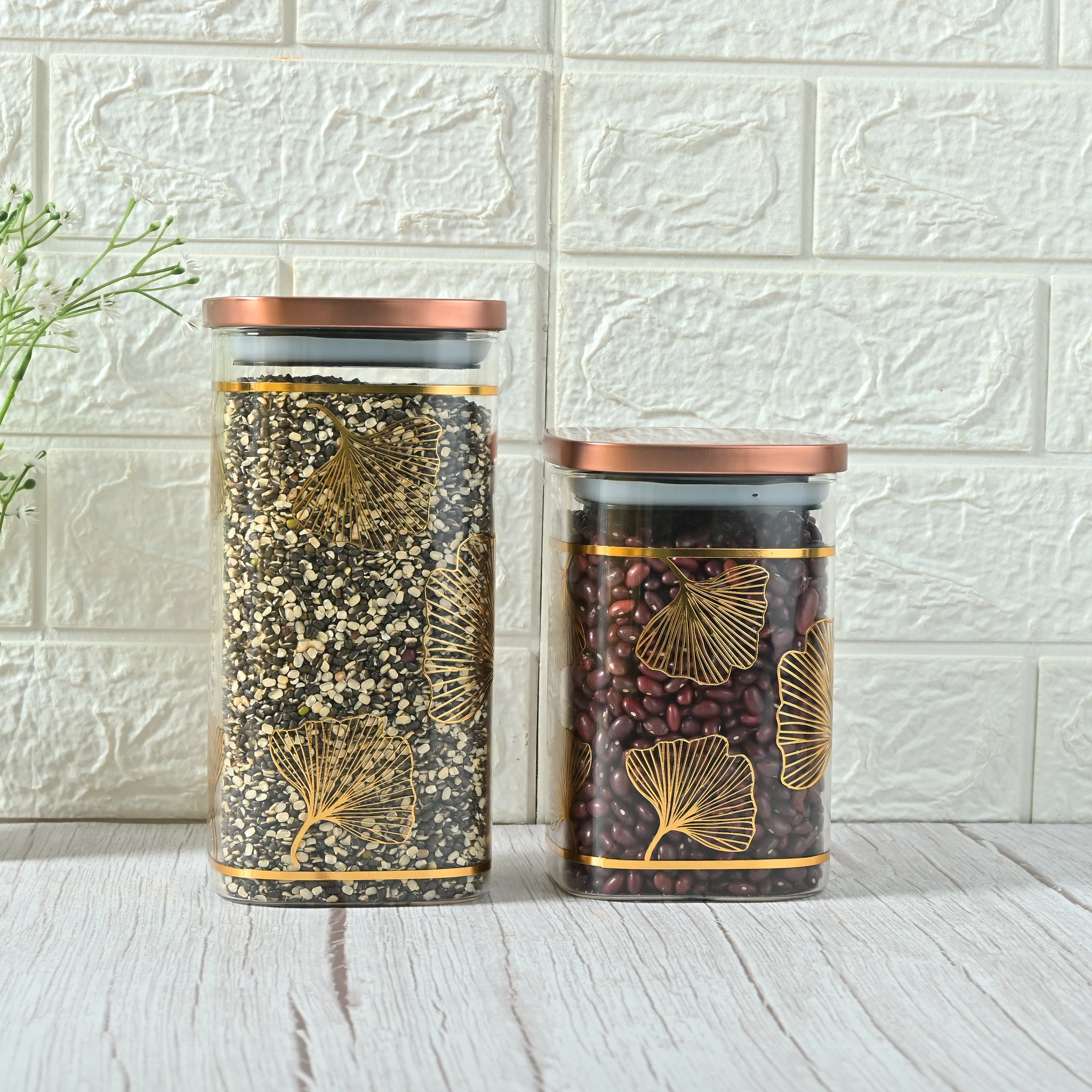 Borosilicate Glass Square Gold Print Kitchen Storage Jar, Airtight Steel Lid, Femora