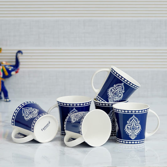 Block Print Ceramic Coffee & Tea Cup Set of 4, 160 ML, Blue