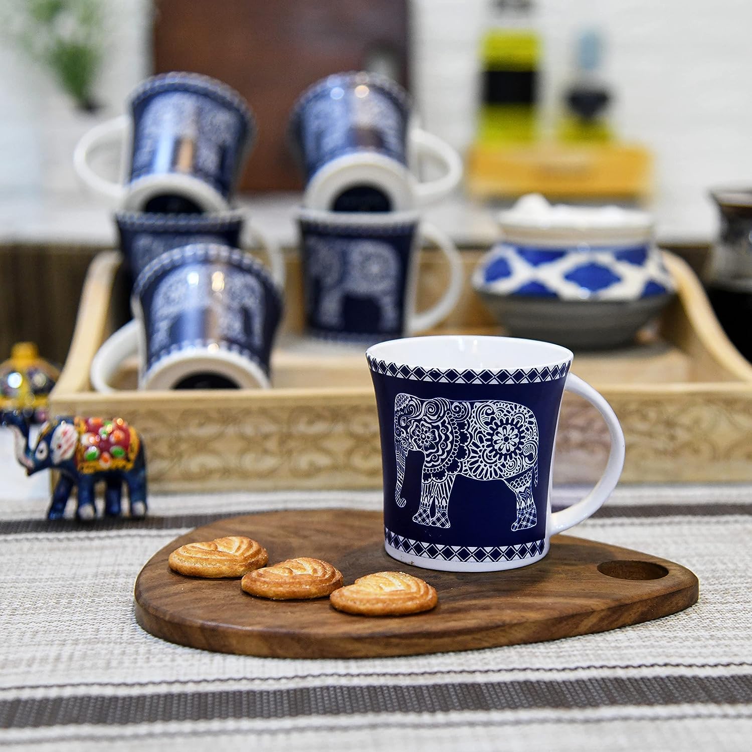 Majestic Elephant Ceramic Coffee & Tea Cup Set of 4, 160 ML, Blue