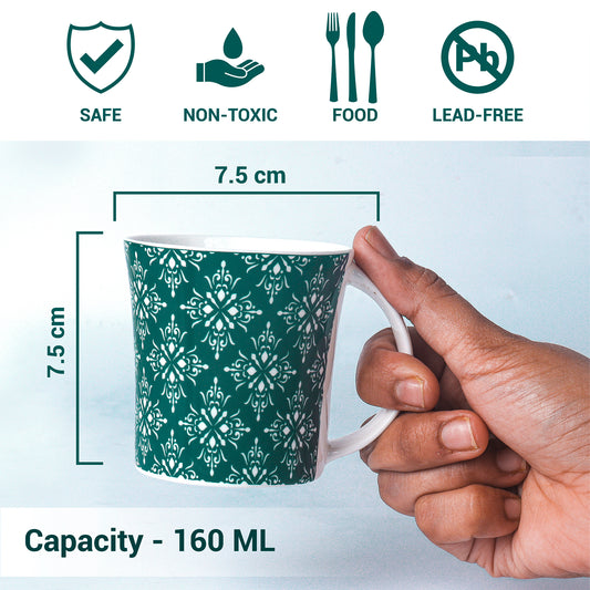 Arabesque Flower Pattern Ceramic Coffee & Tea Cup Set of 6, 160 ML, Femora
