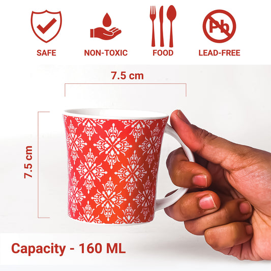 Arabesque Flower Pattern Ceramic Coffee & Tea Cup Set of 6, 160 ML, Femora