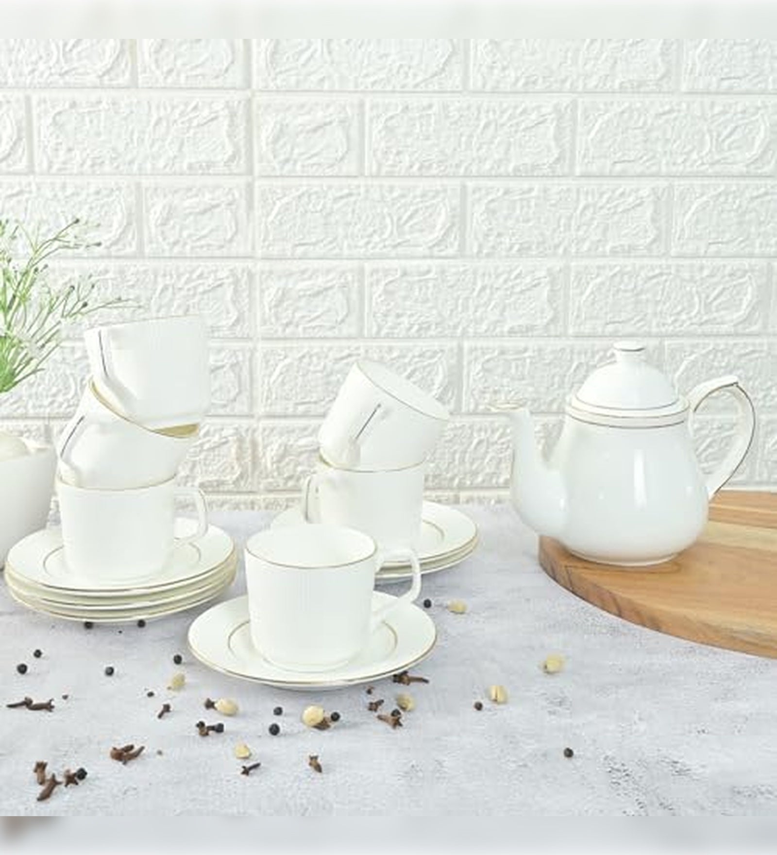 Femora Ceramic Gold Line with Vertical Bar White Ceramic Tea Cups and Saucers with Tea Kettle Set -200 ml Set of 13 (6 Cups, 6 Saucer, 1 Kettle)