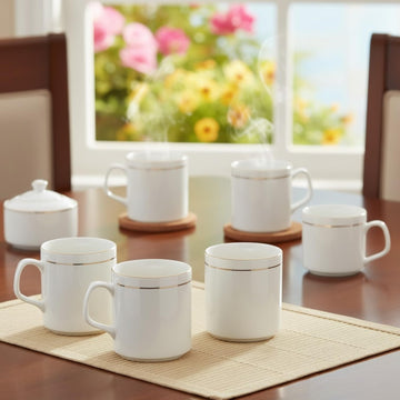 Femora Elegant White Ceramic Tea Cups with Gold Line | Pack of 6 | 180 Ml | Ceramic Tea Cup - Minimalist Modern Drinkware for Home and Office
