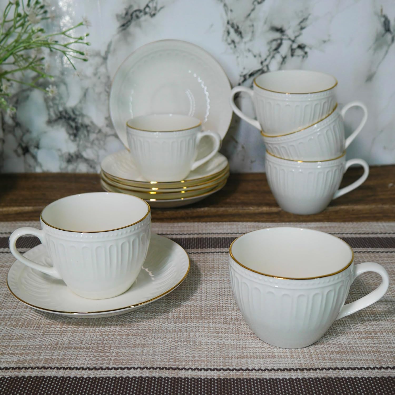 Ceramic Gold Line Countryside Pattern White Tea Cups, Mugs and Saucer-200 ml - Set of 6 (6 Cups, 6 Saucer).