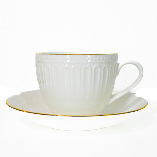 Ceramic Gold Line Countryside Pattern White Tea Cups, Mugs and Saucer-200 ml - Set of 6 (6 Cups, 6 Saucer).