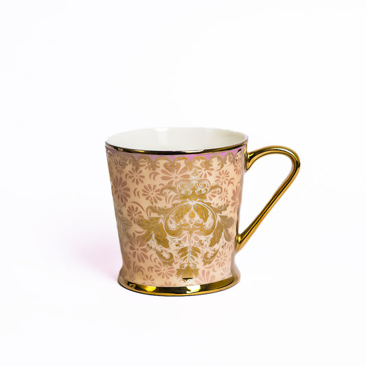 Premium Ceramic Royal Pink Damsk Gold Line Coffee & Tea Cup Set of 6, 180 ML, Femora