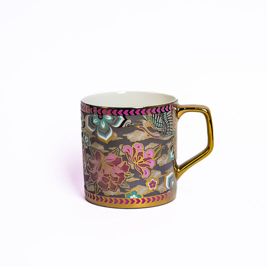 Premium Ceramic Pink Blue Floral Blossom Grey Moss Coffee & Tea Cup Set of 6, 180 ML, Femora
