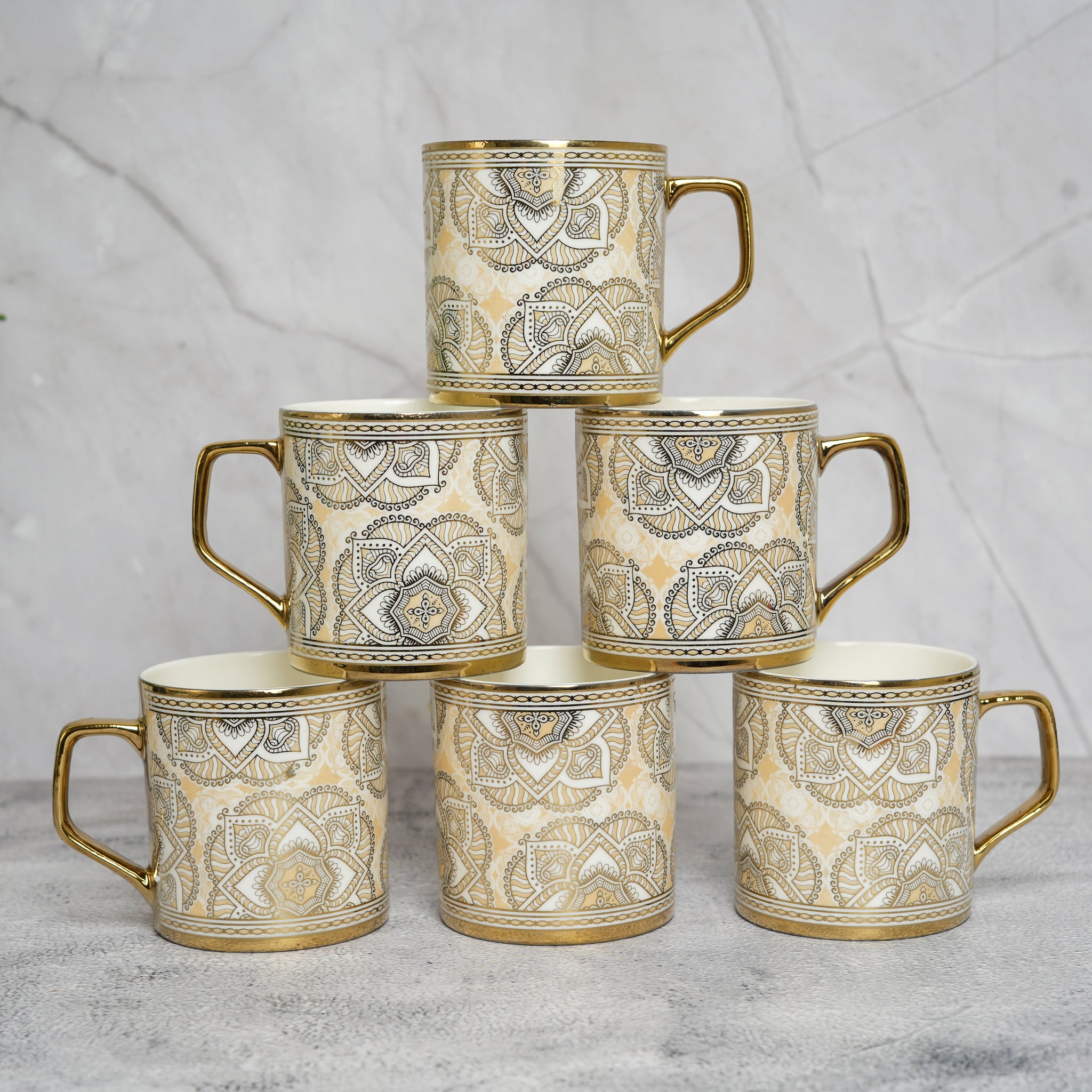 Premium Ceramic Luxury Mehendi Craft Coffee & Tea Cup Set of 6, 180 ML, Femora