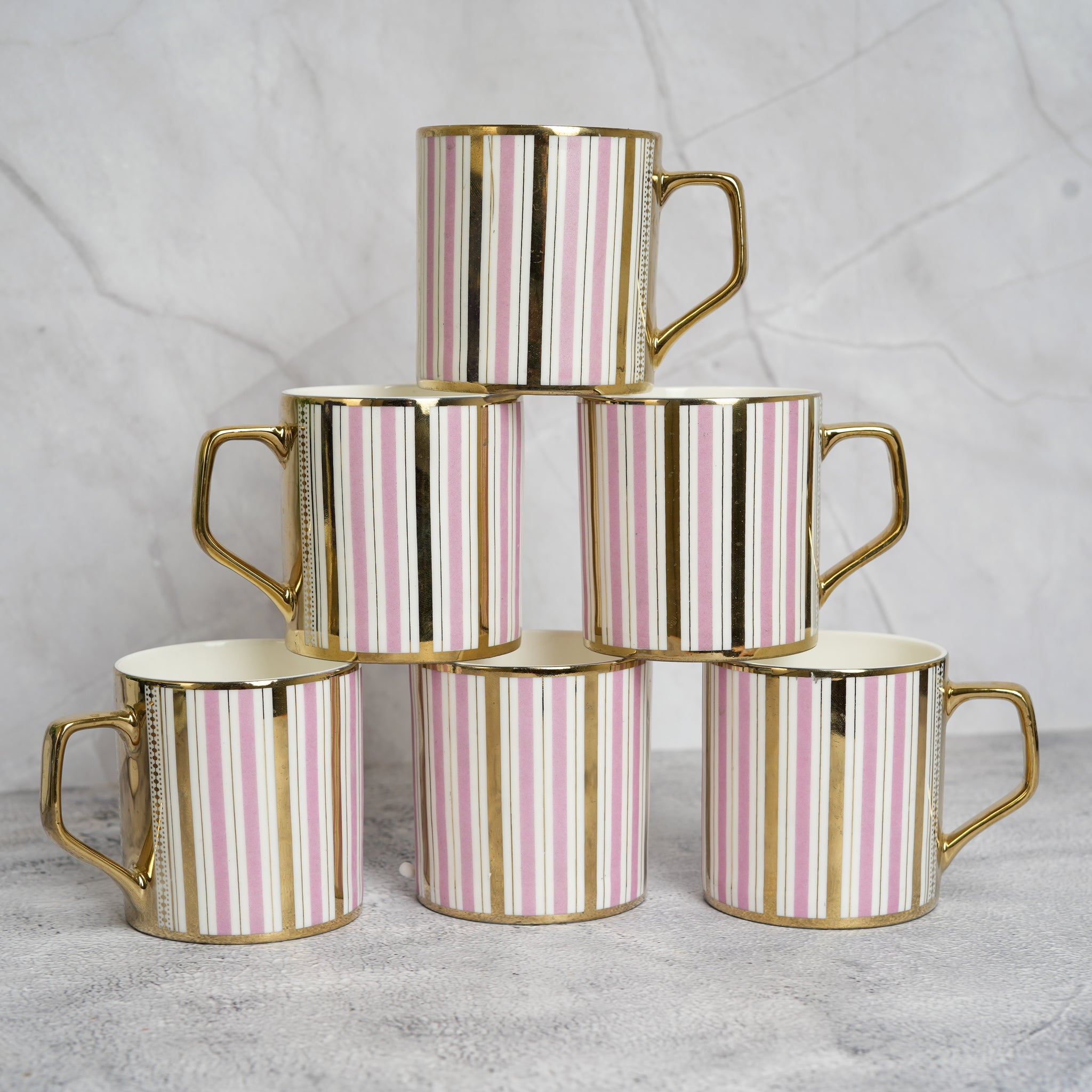 Femora Decorative Pink Gold Line Ceramic Tea and Coffee Mugs, (180 ml, Golden) - 6 Pcs Set (NOT Microwave Safe)