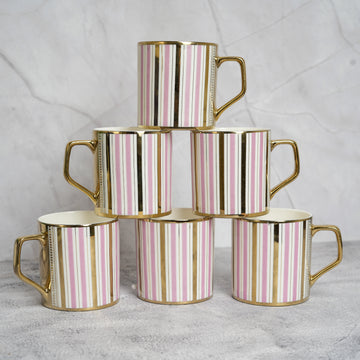 Femora Decorative Pink Gold Line Ceramic Tea and Coffee Mugs, (180 ml, Golden) - 6 Pcs Set (NOT Microwave Safe)