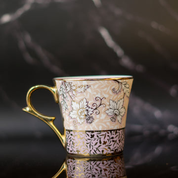 Premium Ceramic Aesthetic Beige Moroccan Pattern Gold Coffee & Tea Cup Set of 6, 180 ML, Femora