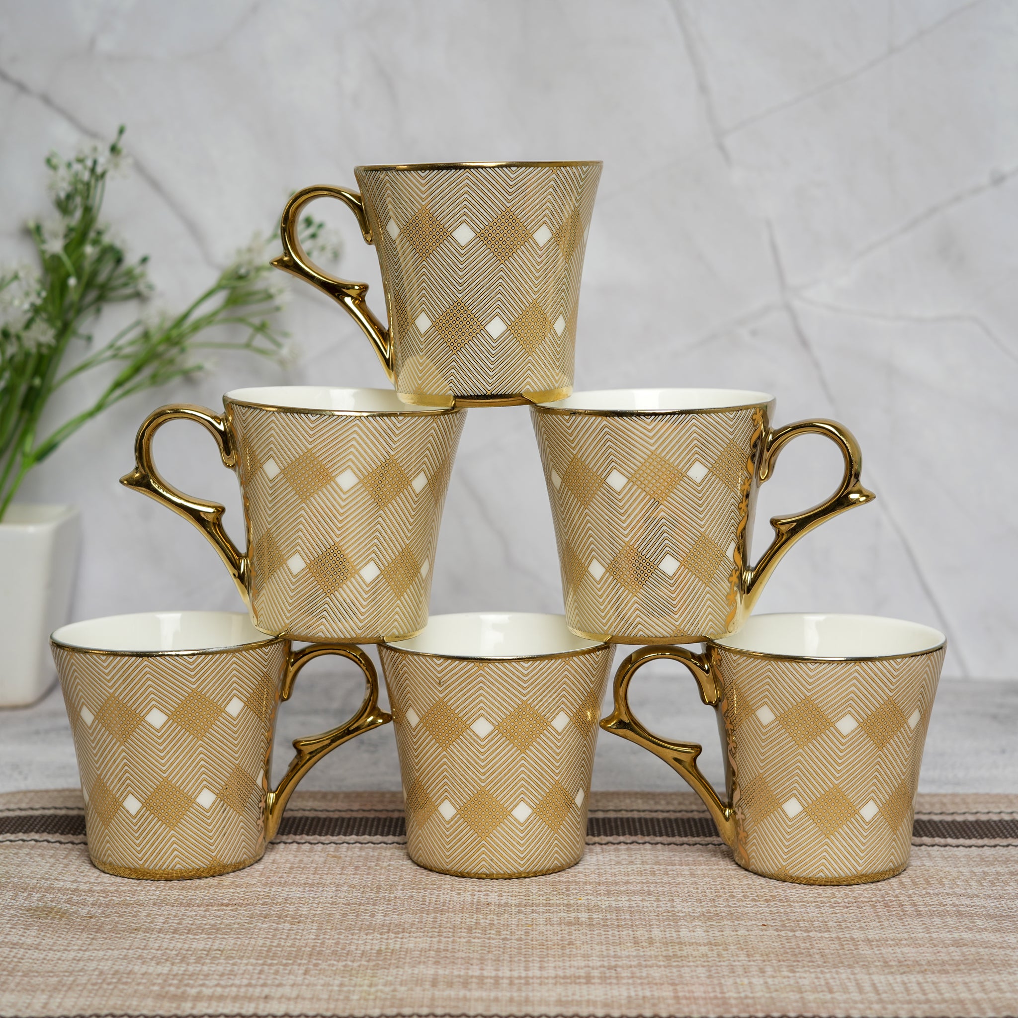 Premium Ceramic Golden Pine Wood Print Coffee & Tea Cup Set of 6, 180 ML, Femora
