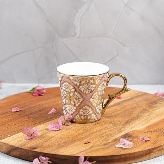 Femora Moroccan Leaf Golden Pink Ceramic Tea and Coffee Mugs, (180 ml, Golden) - 6 Pcs Set (NOT Microwave Safe)