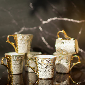 Premium Ceramic Wild Flower Golden Lotus Pattern Coffee & Tea Cup Set of 6, 180 ML, Femora