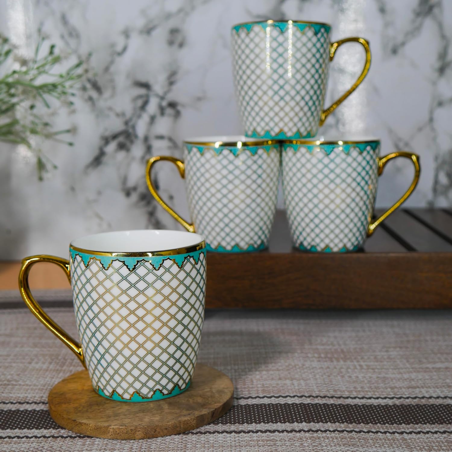 Premium Gold Teal Mesh Pattern Design Ceramic Coffee & Tea Cup Set of 4, 160 ML