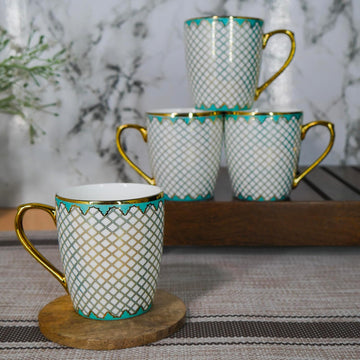 Premium Gold Teal Mesh Pattern Design Ceramic Coffee & Tea Cup Set of 4, 160 ML