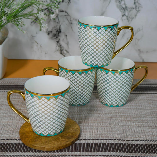 Premium Gold Teal Mesh Pattern Design Ceramic Coffee & Tea Cup Set of 4, 160 ML