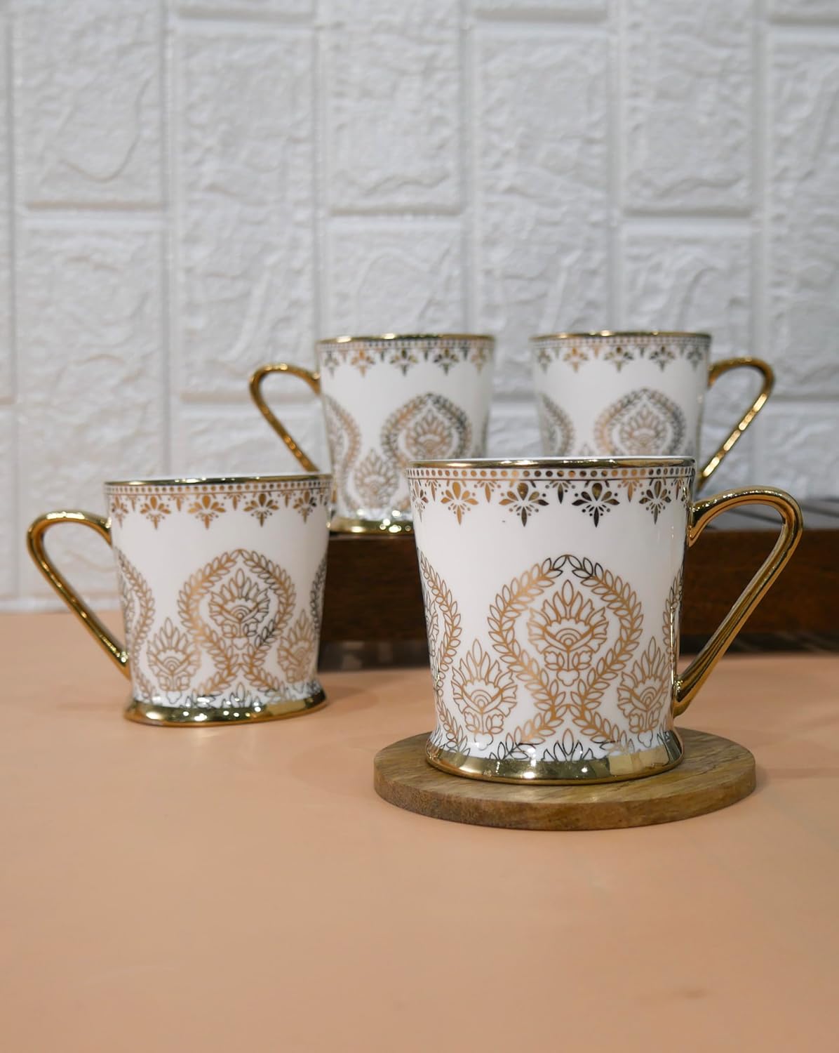 Premium Golden Vinyl Print Ceramic Coffee & Tea Cup Set of 4, 160 ML