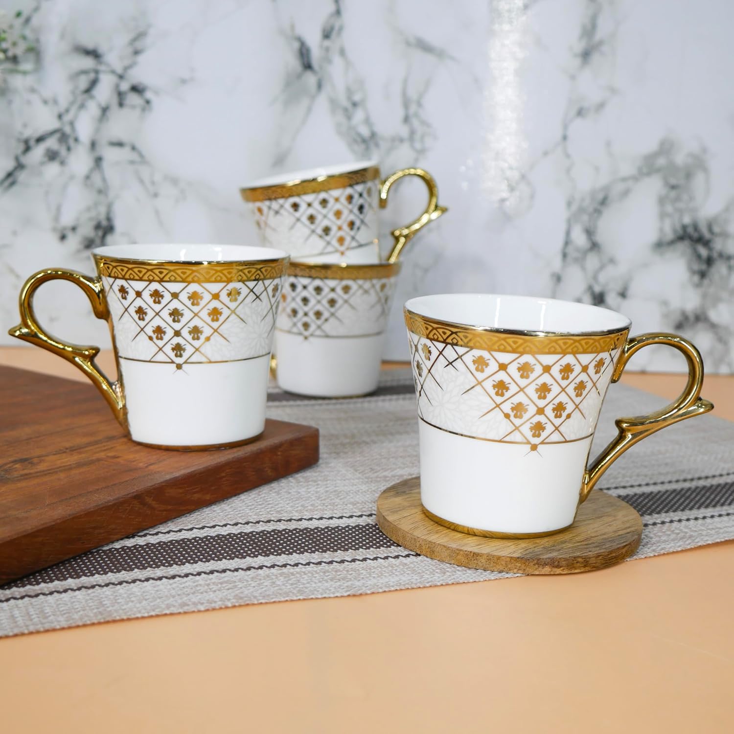 Premium Golden Rajasthani Mandana Design Ceramic Coffee & Tea Cup Set of 4, 160 ML