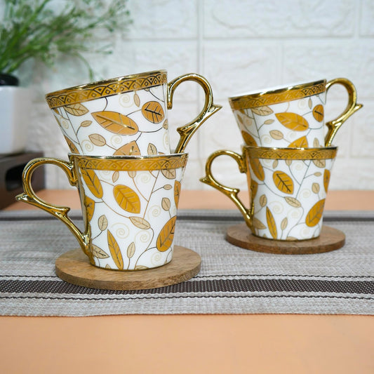 Premium Gold Orange Traditional Leaf Pattern Design Ceramic Coffee & Tea Cup Set of 4, 160 ML