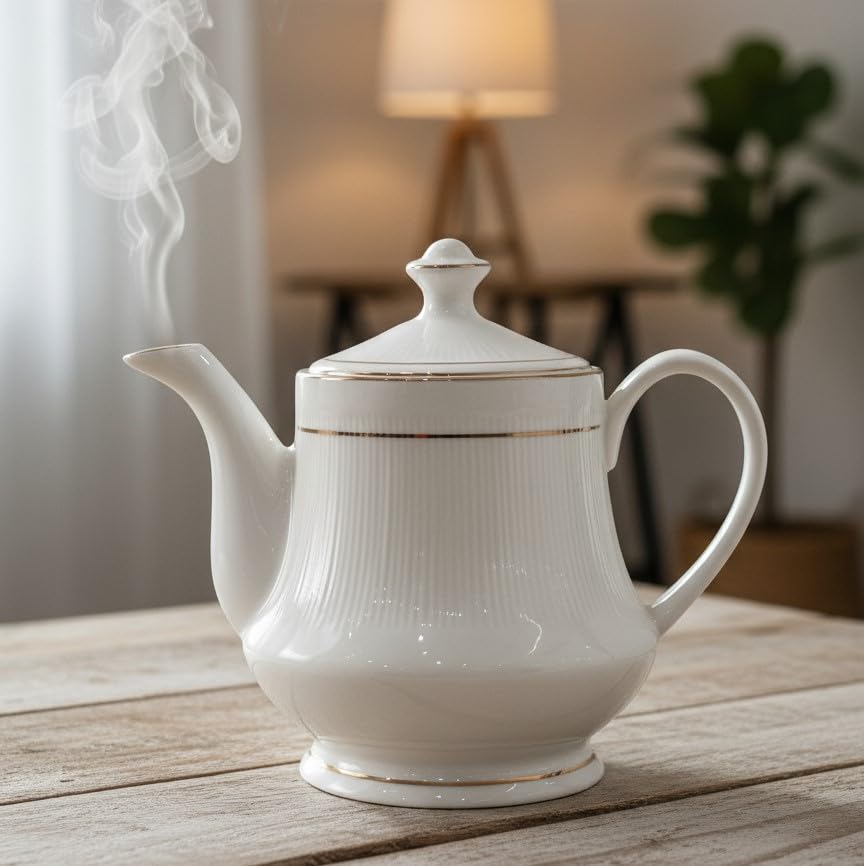 Fluted Tea Pot Femora Luxury Fluted Tea Kettle with Gold Trim Classic Vintage Ceramic
